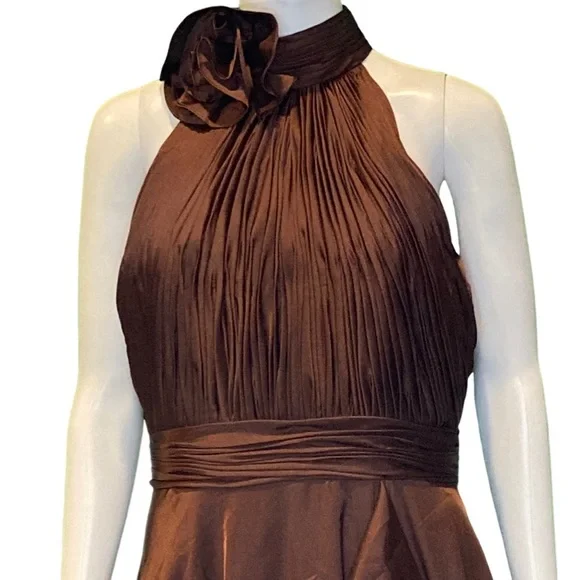 NWT Mac Duggal 49488 Brown Halter Neck Flower Detail Ruffled Midi Dress - Sz 8